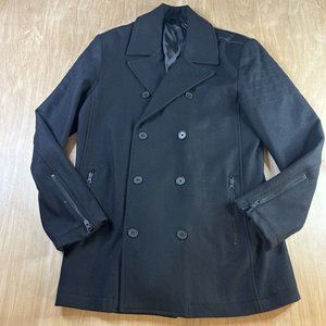 Kennith Cole Reaction Mens Black Wool Blend Military Style Pea Coat Size Large.